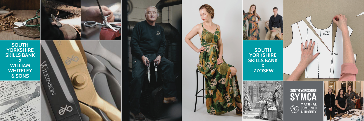 izzosew and william whiteley business profile images, including close up pictures of scissor manufacturing and historical newspaper showing the history of the business, and an example of patternmaking